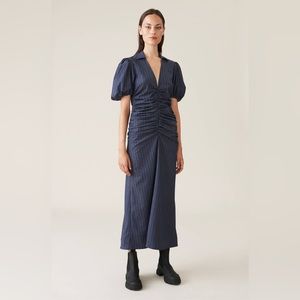 Ganni Pinstripe Puff Sleeve Midi Dress